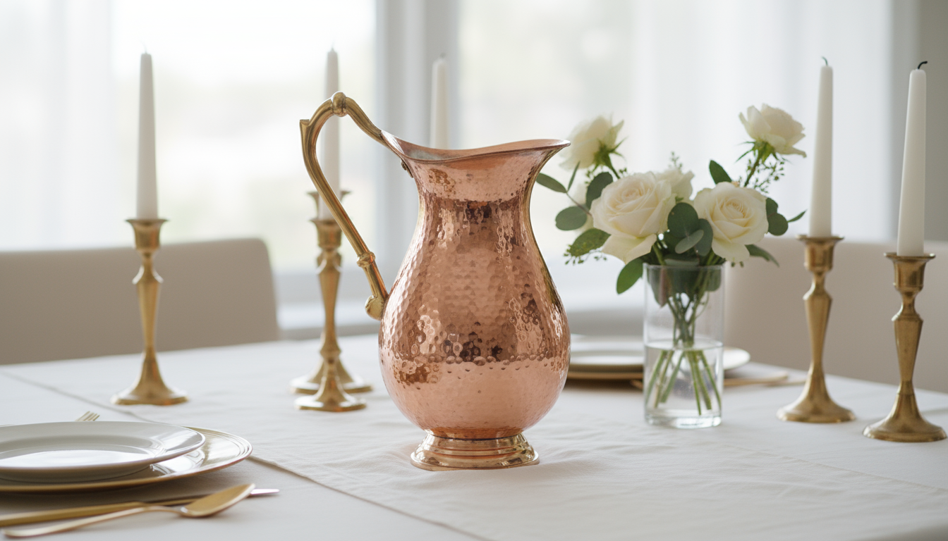 Mughlai Jug - Copper (Hammered Copper with Brass Handle & Lid) Copper product view 2 - Viviana London artisan collection